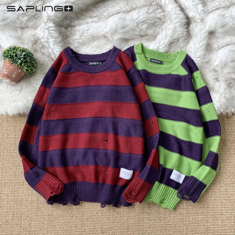 

Retro Men Sweater Hole Stripe Pullover Sweaters Autumn Winter Casual O-Neck Pullovers Men Women Couple Sweater Handsome Warm Top