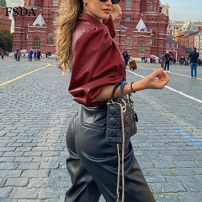 FSDA блуза из искусственной кожи с пуговицами Черная Женская Осенняя Весенняя