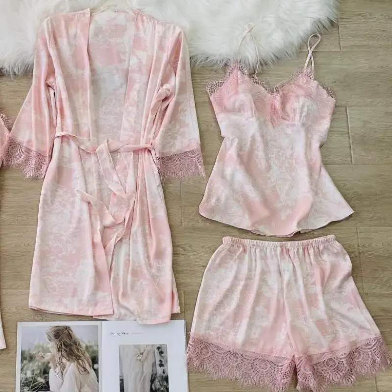 

Satin 3PCS Sleepwear Women Pajamas Set Lounge Wear Lace Kimono Bathrobe Gown Print Flower Lingerie Home Clothes Sexy Pyjamas