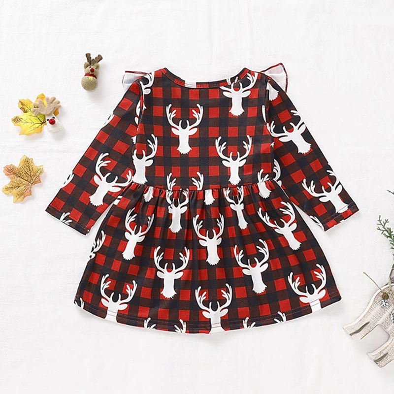 Baby Girl Christmas Dress Cartoon Elk Plaid Long Sleeve Ruffled Hundred Times Merry Party New Clothes | Детская одежда и обувь