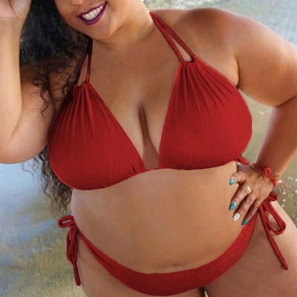 

Woman Summer 2021 Large Size Bikini Plus Size Halterneck Split Strappy Sexy Swimming Red Swimsuit Suit Biquini Brazilian 5XL