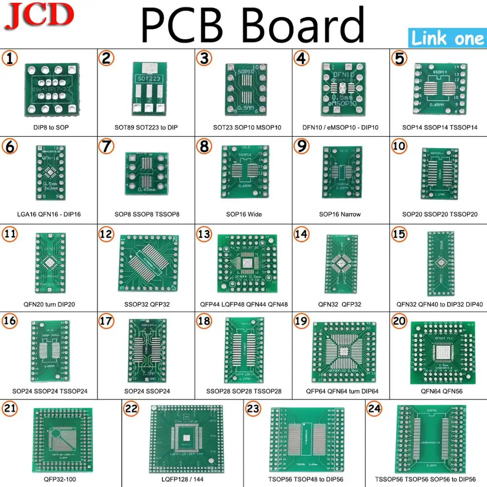 JCD New PCB Board Kit SMD Turn To DIP SOP MSOP SSOP TSSOP SOT23 8 10 14 16 20 24 28 SMT To DIP SMD Turn To DIP Adapter Converter