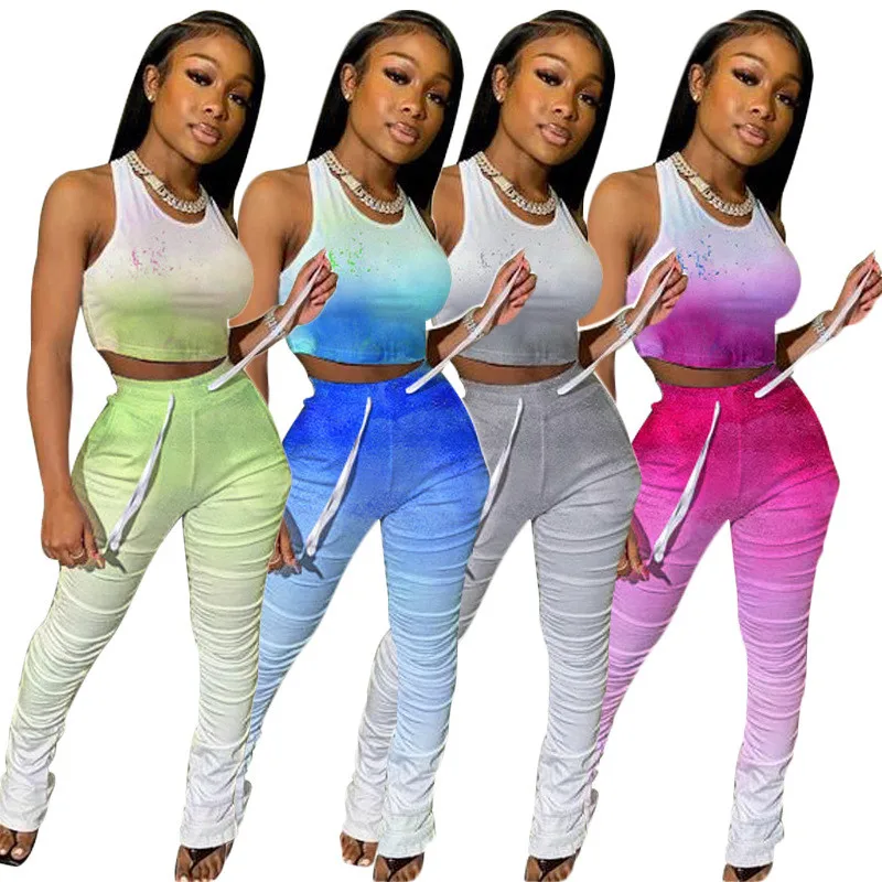 

Sexy Gradient Sets 2Pieces Women Streetwear Sleeveless Tank Crop Tops+High Waist Stacked Trousers Female Clubwear Sport Sets