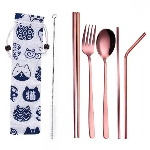 Rose Golden 5pcs Новое поступление 3/5 шт Портативный одноразовая посуда набор палочки дозирующая детская ложка для ложки соломка вилка столовые приборы - Цвет: Rose Golden 5pcs