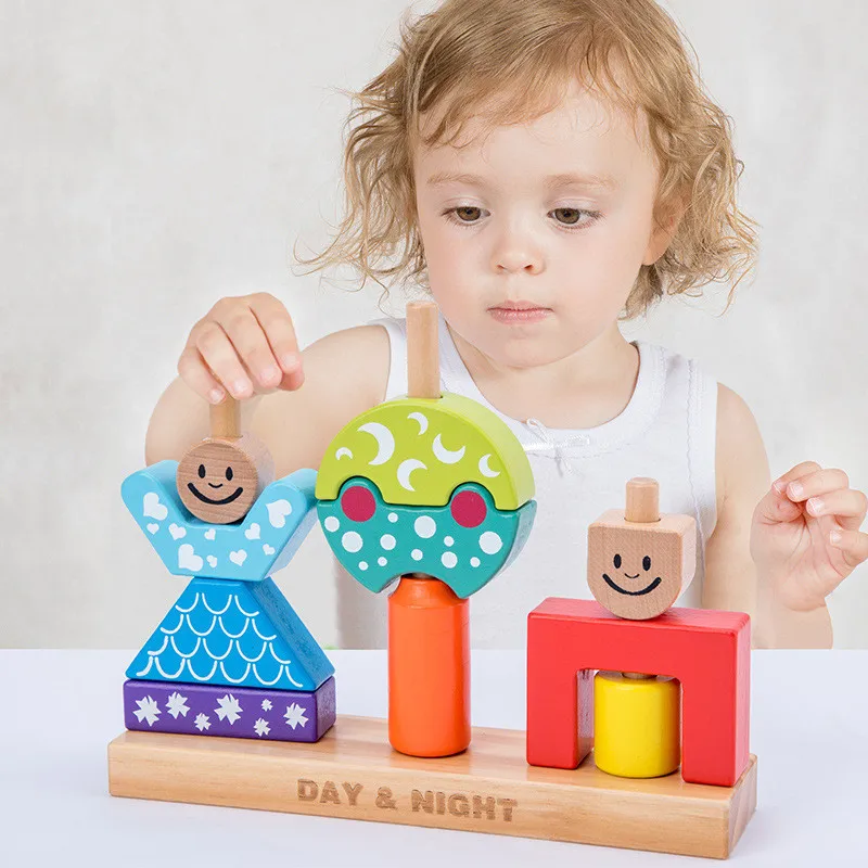 

Children's Montessori Wooden Toys Building Block Assembled Large Particles Parent-Child Interaction Games Shape Day&Night Pillar