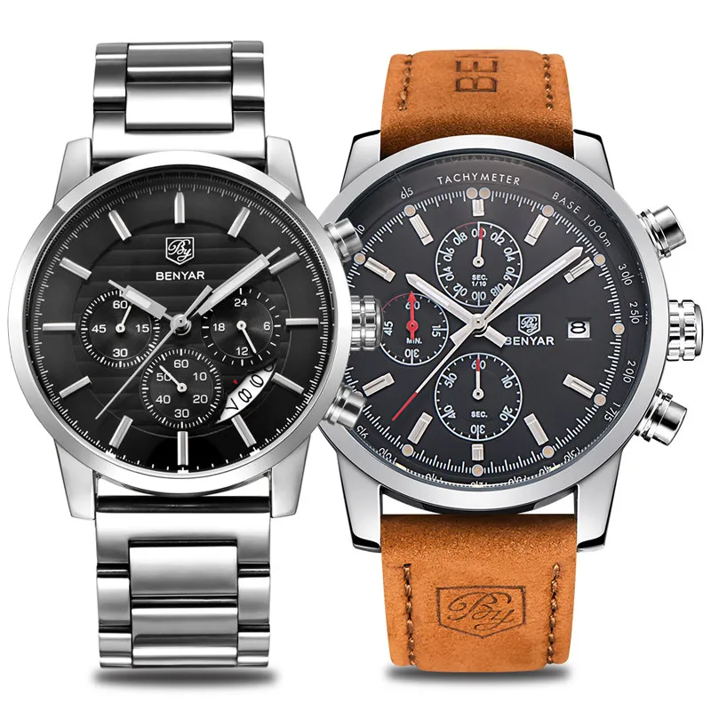 Часы мужские Reloj Hombre BENYAR часы Мужские кварцевые Хронограф Спортивные часы лучший бренд Модные кожаные мужские часы - Цвет: Black