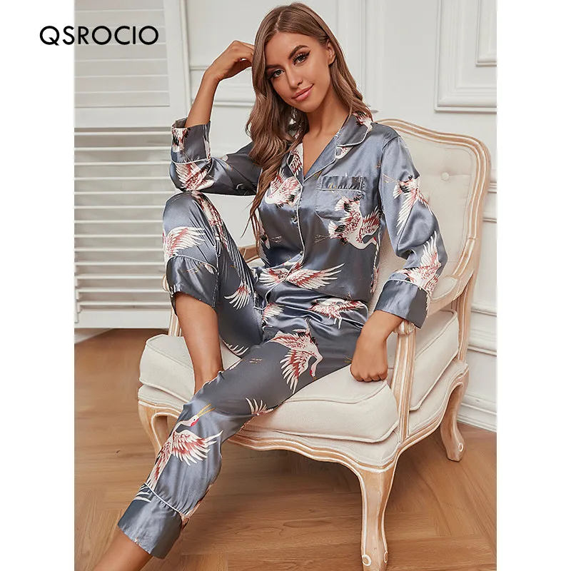 

Женский пижамный комплект QSROCIO, роскошная стильная одежда для сна с летающим журавлем, шелковая ночная рубашка, домашняя одежда для отдыха, ...