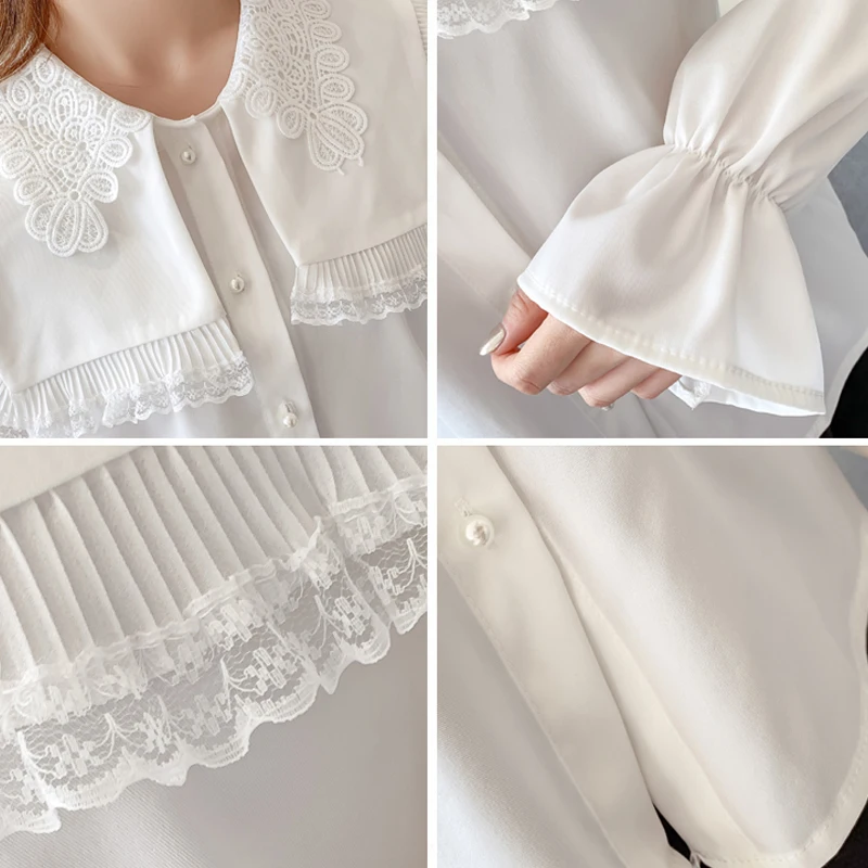 Женская шифоновая блузка shintimes Корейская рубашка с вышивкой кружевом и длинным