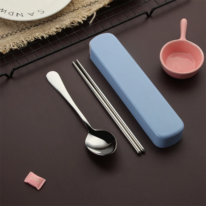 

Portable Travel Tableware Stainless Steel Spoon Fork And Chopsticks Three-Piece Set With Storage Box Kitchen Fork Spoon Set