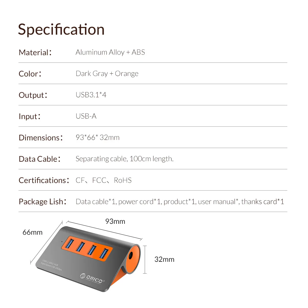 ORICO 4 порта USB3.1 Gen2 концентратор USB C Gen2 алюминиевый концентратор 10 Гбит/с SuperSpeed с 12 В адаптер питания для Mac Pro huawei samsung