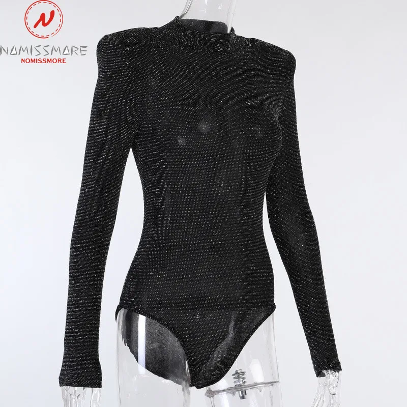 

Sexy Women Skinny Bodysuits Shoulder Pad Design Bright Silk Decor O-Nek Long Sleeve See Through Solid Color Slim Jumpsuits