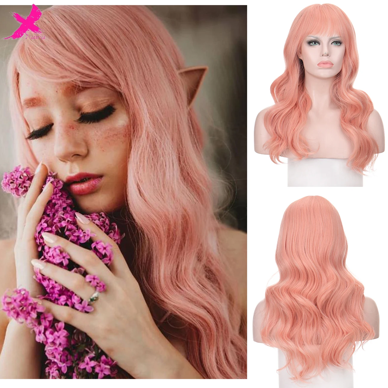 

Xnaira Pink synthetic Wigs Air Volume High Temperature Soft Hair Silk Bulk Hair Long Curly Big Wave Hairpiece Cosplay