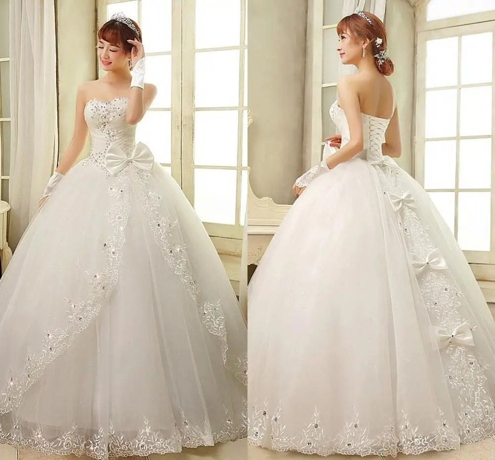 

2020 Luxury Strapless Crystal Pearls Dress for Weding Party Bowknot Appliques Bridal Dresses robe de mariage Custom Made