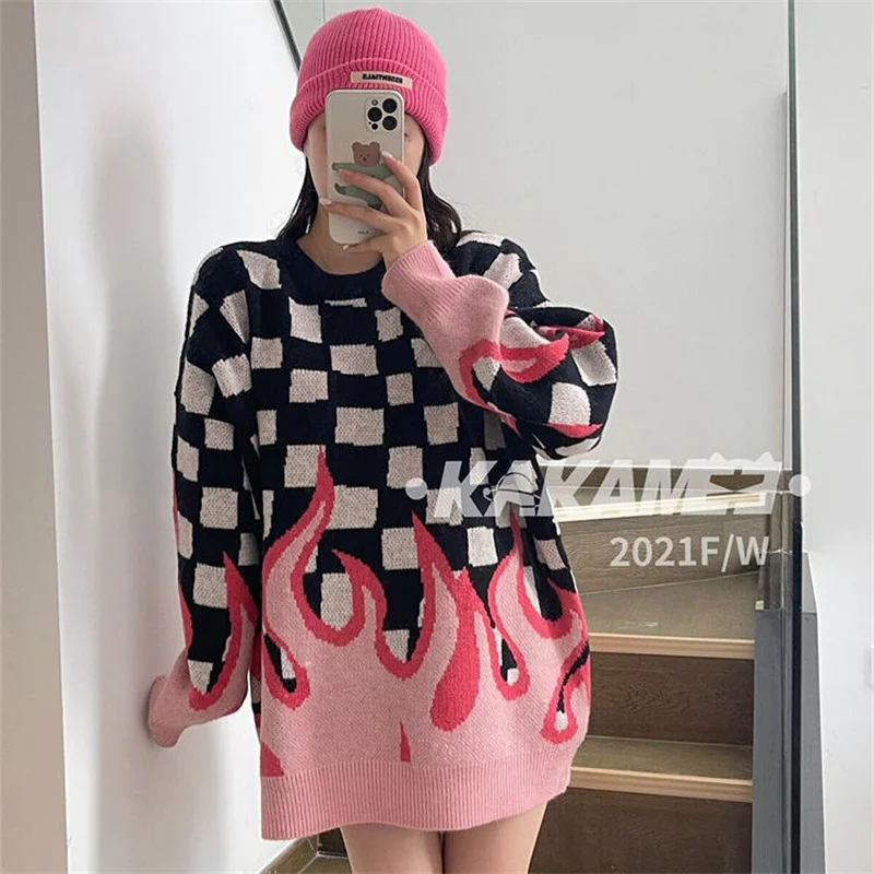 

Japanese version of flame sweater women autumn and winter high street coat student couple pullover knitted top loose men and wom