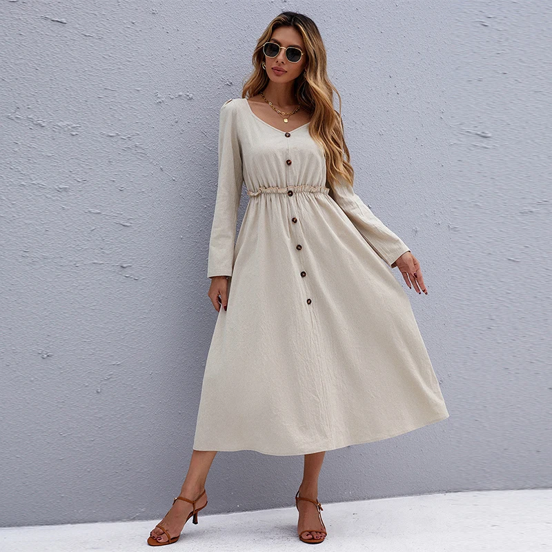 

Женское облегающее платье с V-образным вырезом, однотонный джемпер на пуговицах, с длинным рукавом, с поясом на резинке, средней длины, одежд...