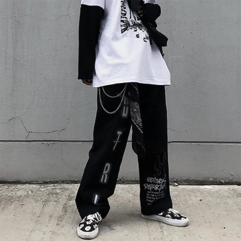 

Women Gothic Harajuku Pants Women Emo Japanese Streetwear Women Trousers Indie Aesthetic Goth Pants with Print Hip Hop 2000s
