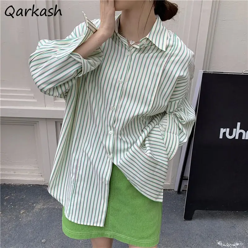 

Women Shirts Sweet Striped Loose Slouchy Outwear Sun-proof All-match Hipster Korean Style Teenagers Temperament Females Popular