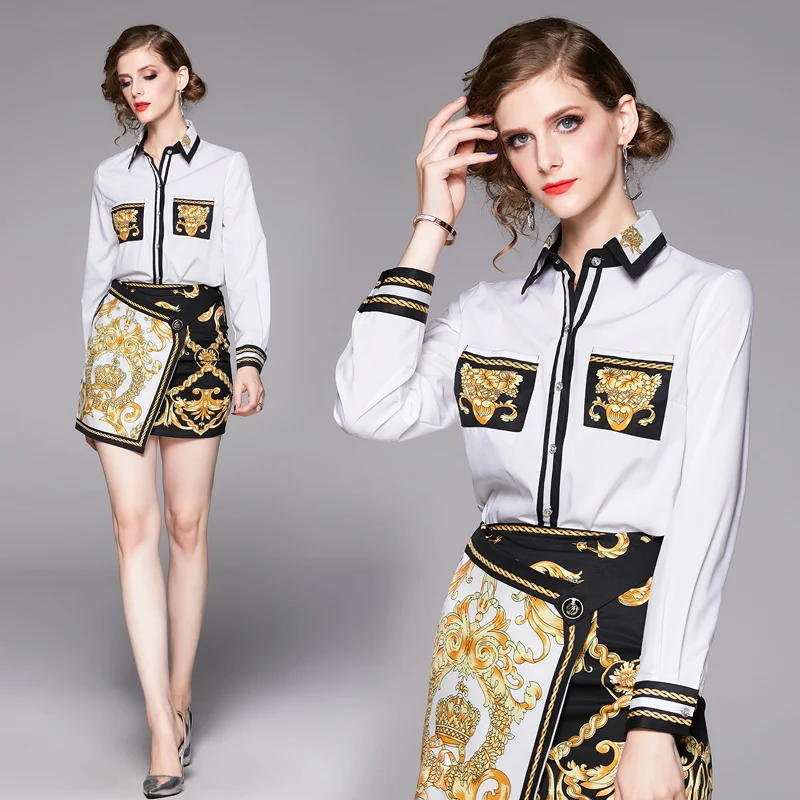 Fashion Runway Spring Suit Women's Long Sleeve Vintage print Shirt and Baroque Printed Skirt Two Pieces Lady Set |