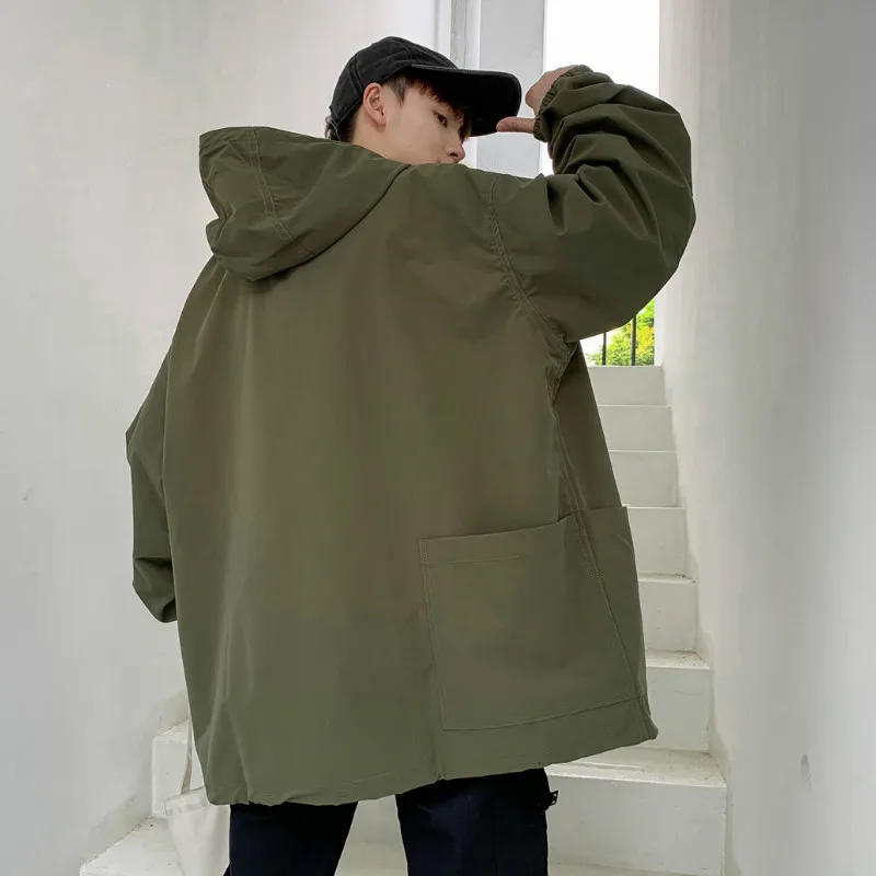 

Jackets Men Solid Hooded Big Pocket Simple All-match Harajuku Mens Coat Korean Hip-pop Loose Casual Student Jacket Ulzzang Chic