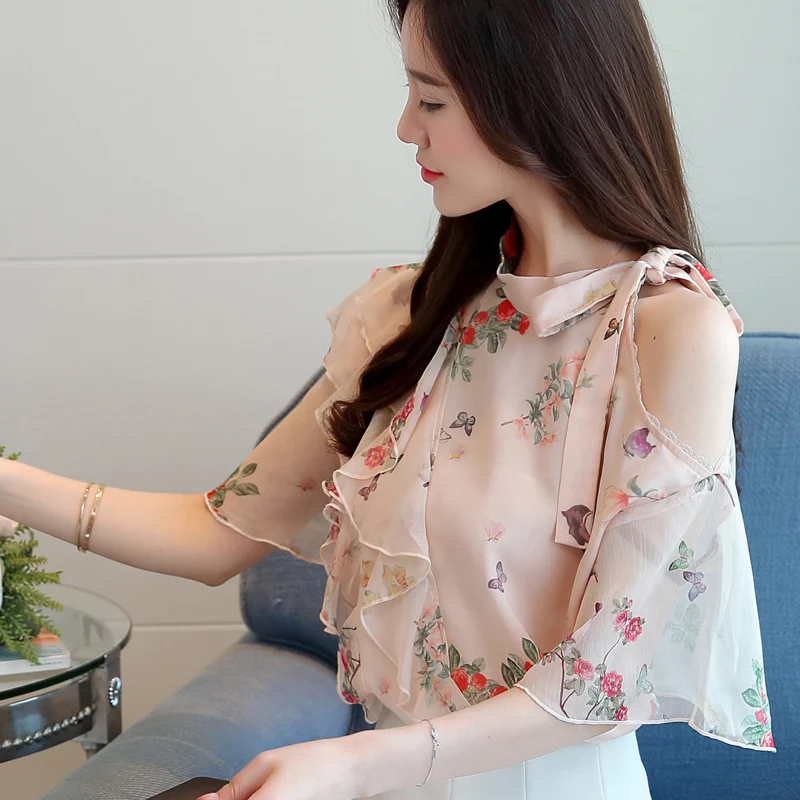 Модные женские топы и блузки Розовая Шифоновая Блузка с принтом рубашка летние