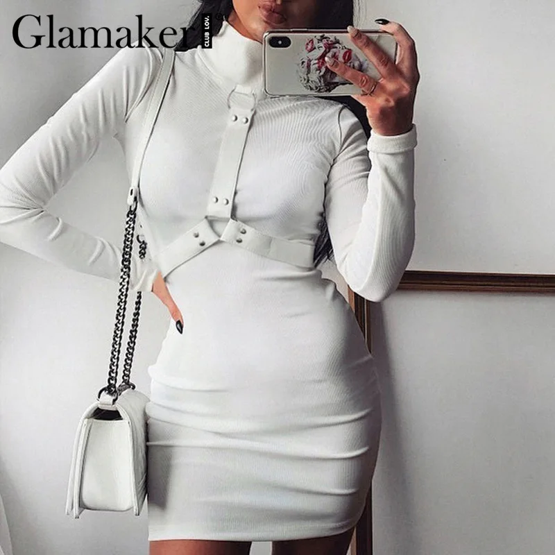 Женское Короткое трикотажное платье водолазка Glamaker белое вечернее мини с