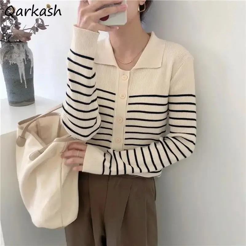 

Striped Cardigan Women Slender Turn-down Collar Gentle Soft Knitted Retro Ulzzang Teenagers Elegant Females Sweaters Leisure Hot