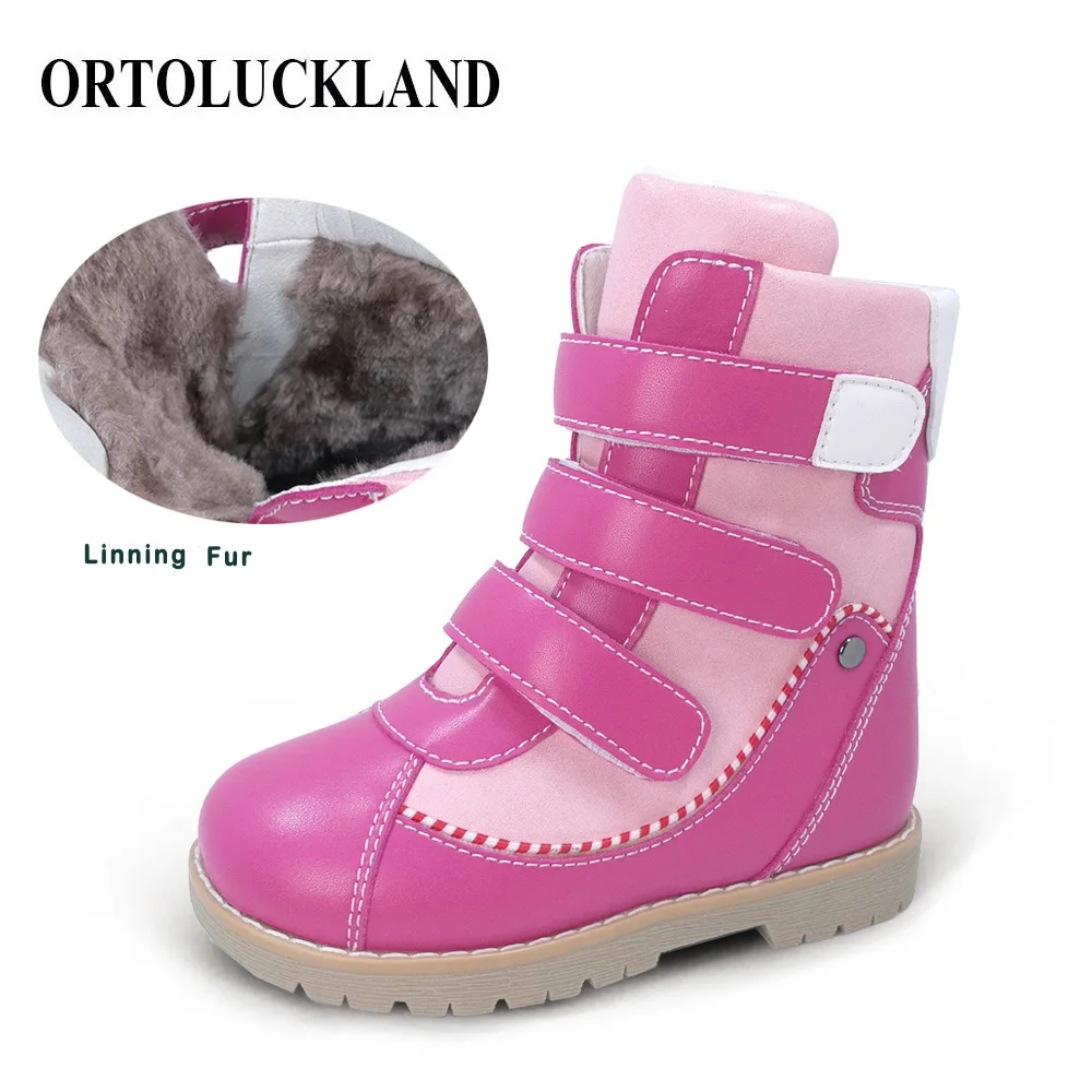 Ortoluckland Child Girls Boots Winter Kids Orthopedic Shoes Toddler Fashion Pink Calf Snow Fur Leather Footwear 3 To 8Years Age