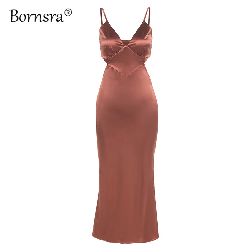 

Bornsra 2021 Summer New Women's Dress Suspenders Sexy V-neck Fashion Backless Slim Mid-length Dress