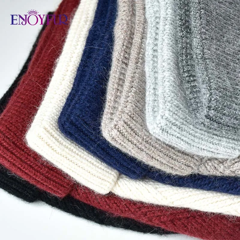 Женская шерстяная шапка ENJOYFUR теплая плотная с помпоном из натурального меха лисы