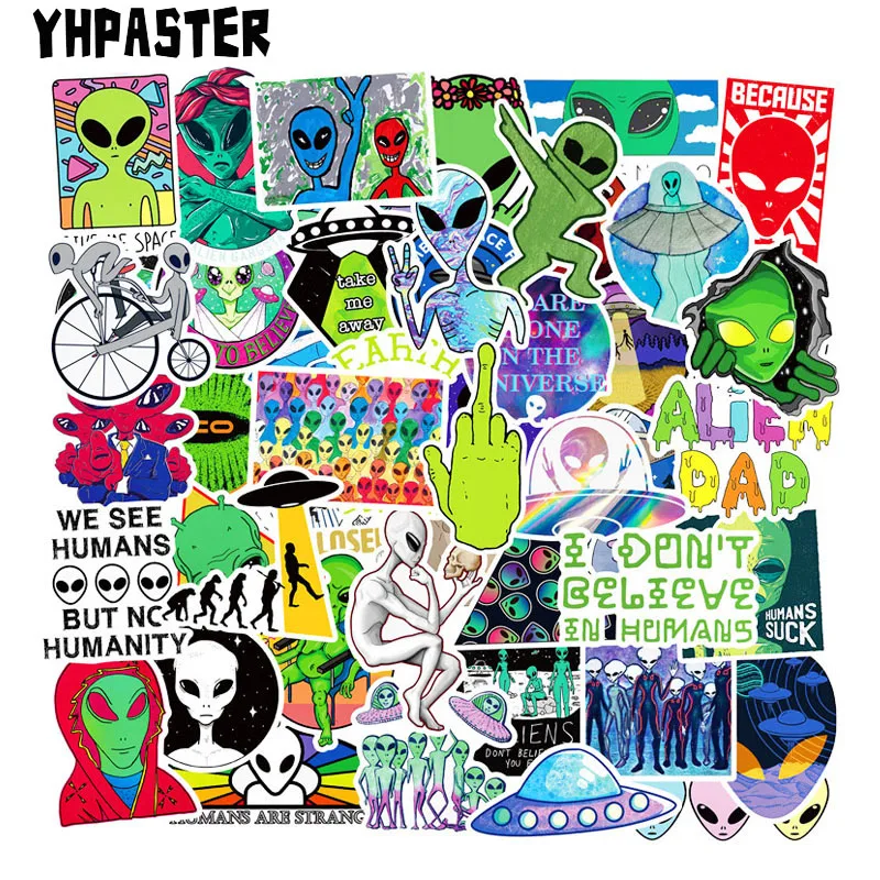 

50 Pcs/Set Alien Stickers ET UFO Cartoon Sticker Toys For Laptop Refrigerator Motorcycle Skateboard Scrapbook Gift Box Sticker