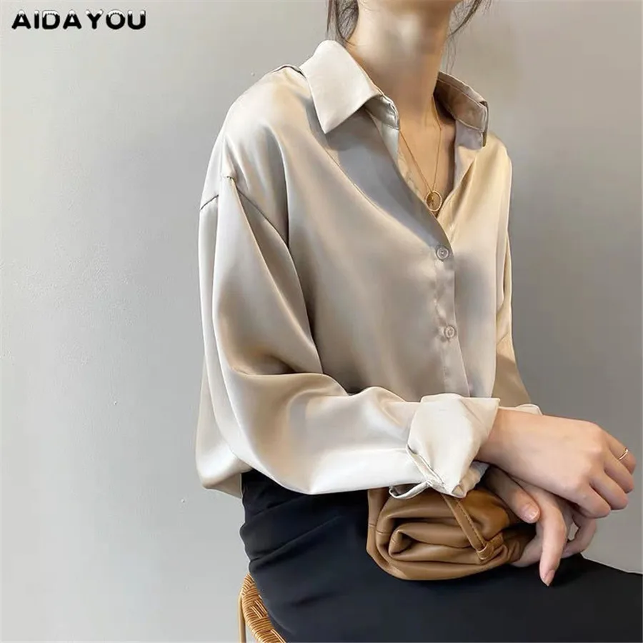 

Satin Silk Shirts Vintage Blouse For Women Button Front Long Sleeve Elegant Satin Blouse for Office Daily Work Clothing ouc012