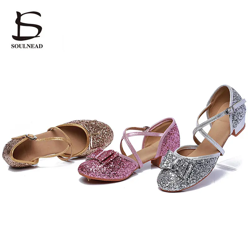 Children Latin Dance Shoes Kids Girls Tango Salsa Dance Shoe Pink Glitter Soft Sole Woman Jazz Ballroom Dancing Sandals