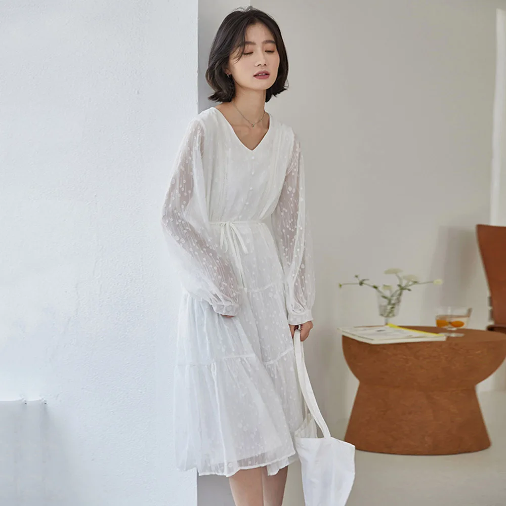 

Japanese Korean Version Dress Women's Spring Summer Simple White Temperament Casual Net Yarn Perspective V-neck Long Sleeve