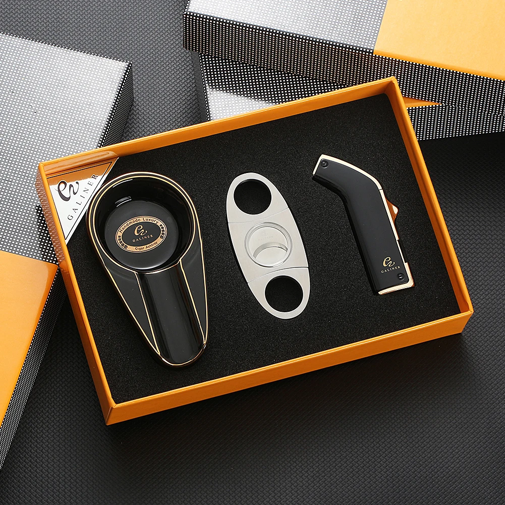 

Galiner Windproof Cigar Lighter Set Butane Gas Torch Lighter Sharp Pocket Cigar Cutter Ceramic Ashtray Smoking Accessories Box