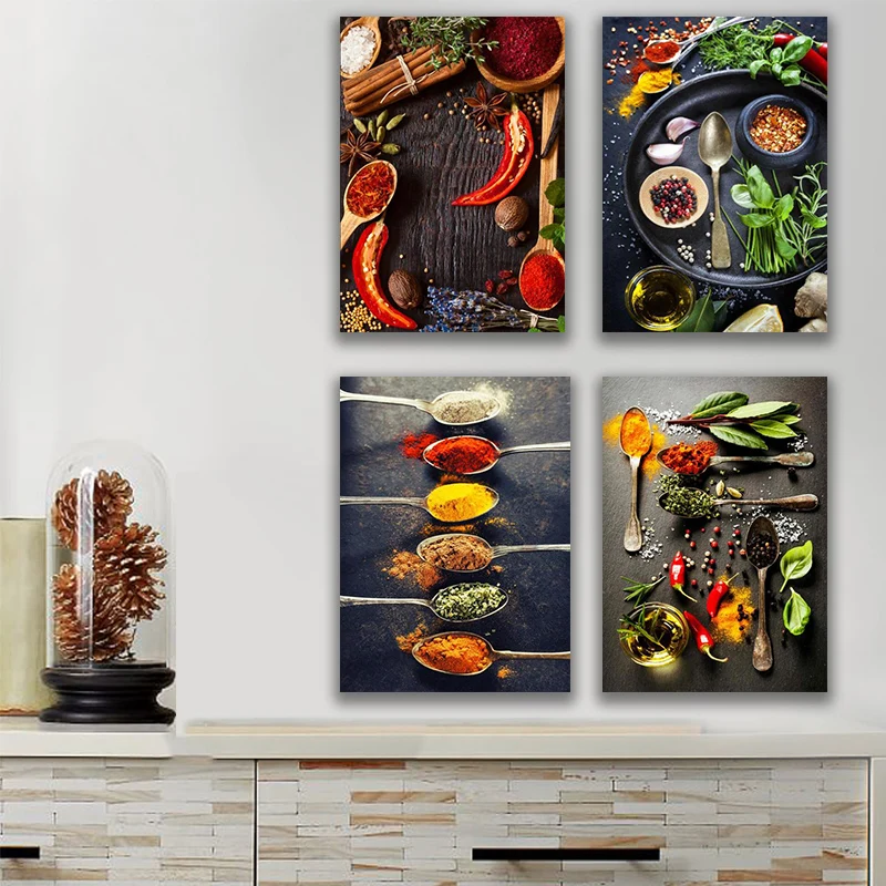 

Kitchen Canvas Painting Grains Spices Spoon Vegetable Food Fruit Poster Print Cuadros Wall Art for Living Room Home Decor