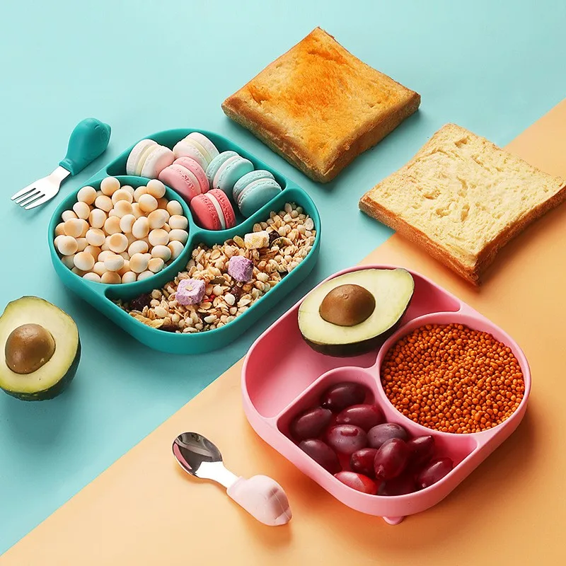 

Kids Silicone Dinner Suction Plates Cup Type Grid Tableware Set Baby Bowl Infant Food Supplement Cartoon Bowl Spoon Fork