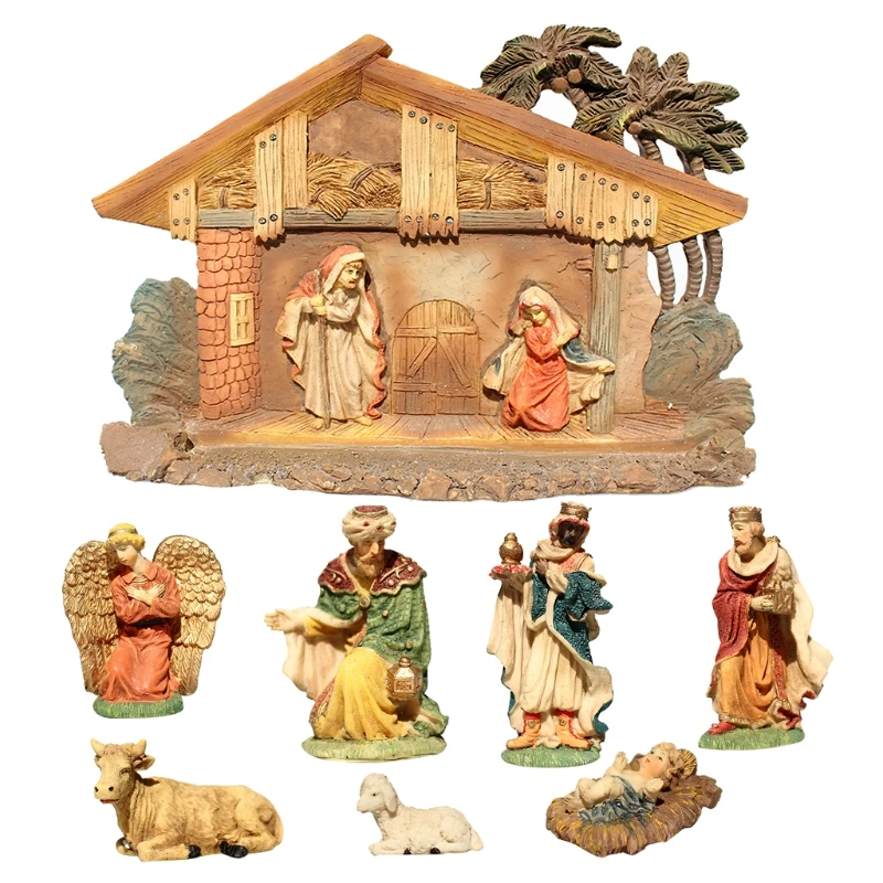 

2022 New 8pcs Nativity Scene Resin Figurines House Statue Christmas Gift Sculpture Christian Religious Church Decor