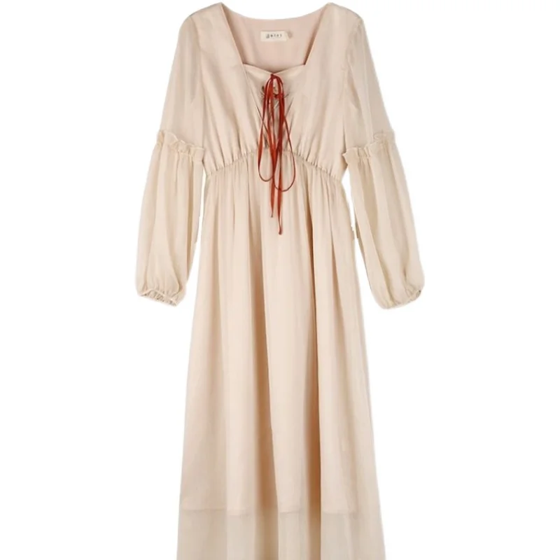 

2021 spring new dress literary retro platy codon embroidery chiffon long dress Draped Square Collar Regular Bohemian Straight