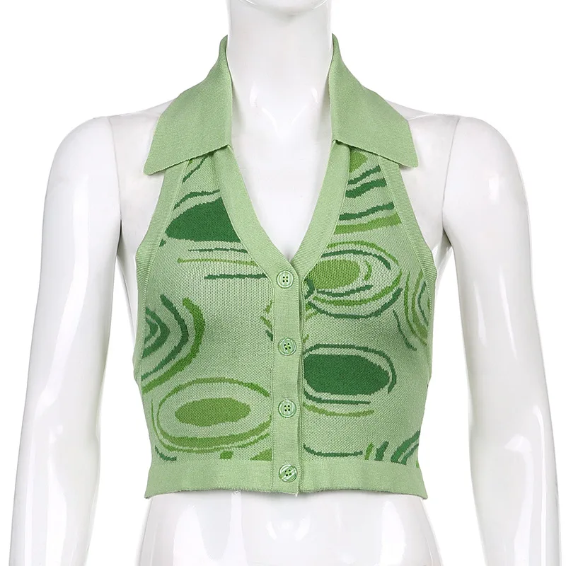 

New Sexy Knit Halter Crop Top Women Sleeveless Backless Tank Top Summer Fashion Print Tops Blue Green Camisole