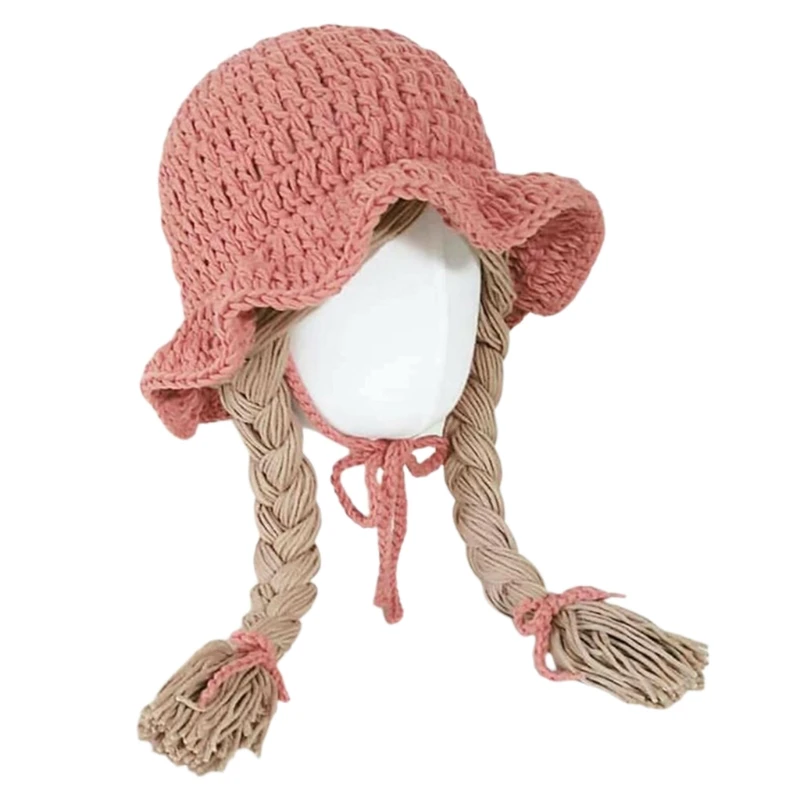 

Handmade Knitted Baby Girls Wig Hat Infants Photography Props Headwear Newborn Wigs Brades Kids Crochet Cap with Plaits