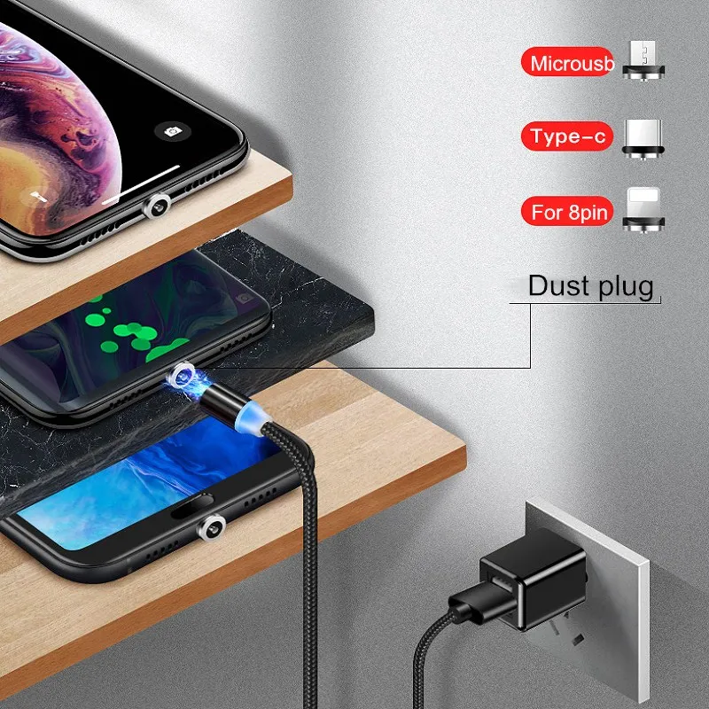 

2M Long Magnetic USB Cable 3 in 1 Magnet Cable Car Charger Wire for iPhone LED Charger Cable for Samsung S10 Note9 Xiaomi Huawei