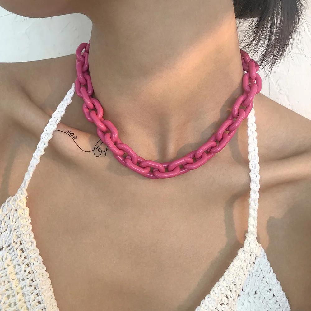 

European And American Exaggerated Punk Style Hip Hop Resin Necklace Alloy Acrylic Retro Thick Chain Clavicle Chain Female