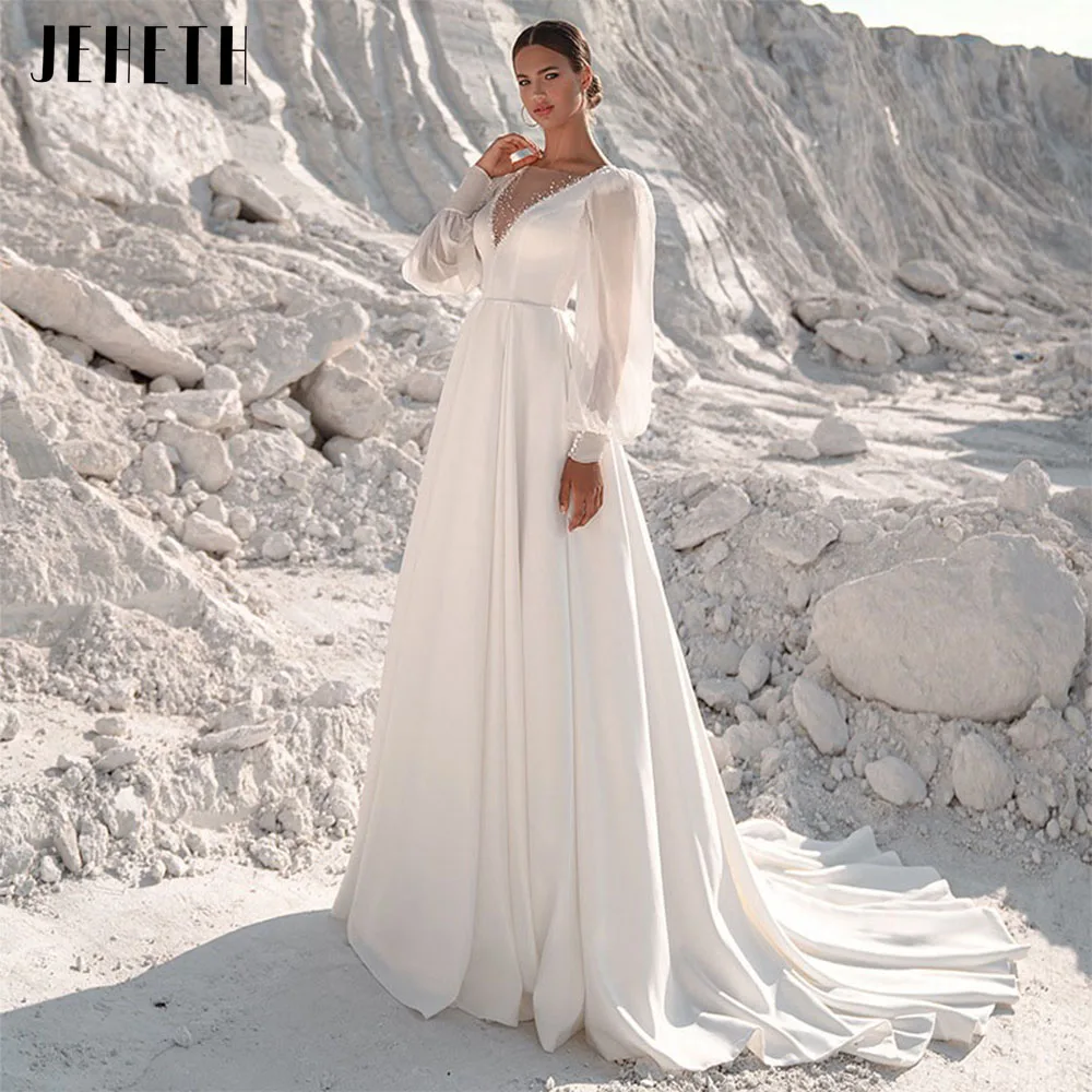 

JEHETH Simple Backless Long Sleeves Soft Satin Wedding Dresses Vintage V-Neck A-Line Bridal Gown Plus Size vestidos de novia