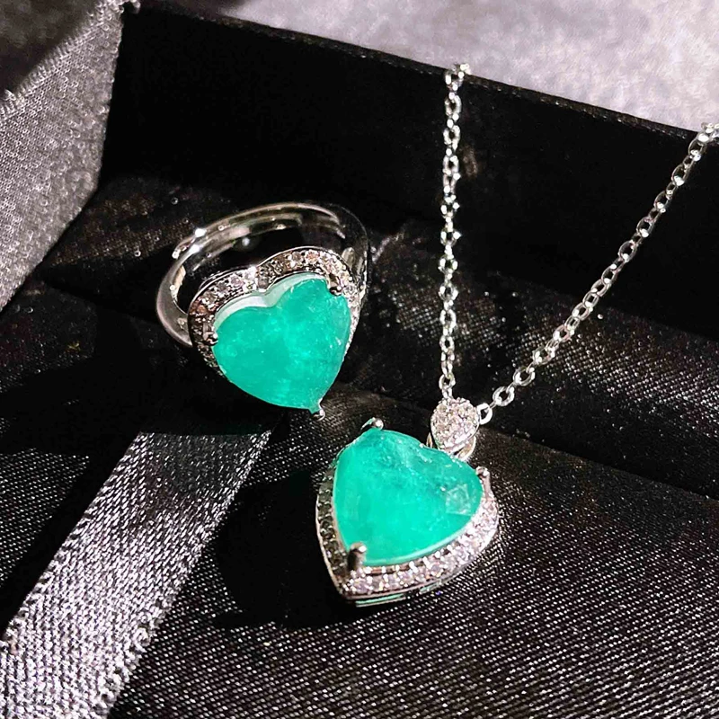 

925 Sterling Silver Fashion Heart Pendant Necklace With Luxury Paraiba Stone Jewelry Making Open Ring For Women Wedding Party