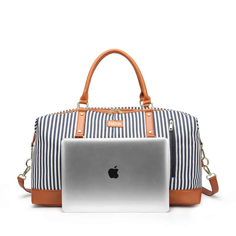 Women's Canvas Striped Waterproof Travel Storage Bags Sports Fitness Short Trip Large-capacity Handbag Luggage Packs Cross Body