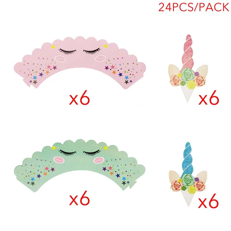 24pcs Unicorn 02 Радуга Единорог обертки для кексов торт Топпер Единорог День Рождения украшения для торта для вечеринки детский душ Единорог вечерние принадлежности - Цвет: 24pcs Unicorn 02
