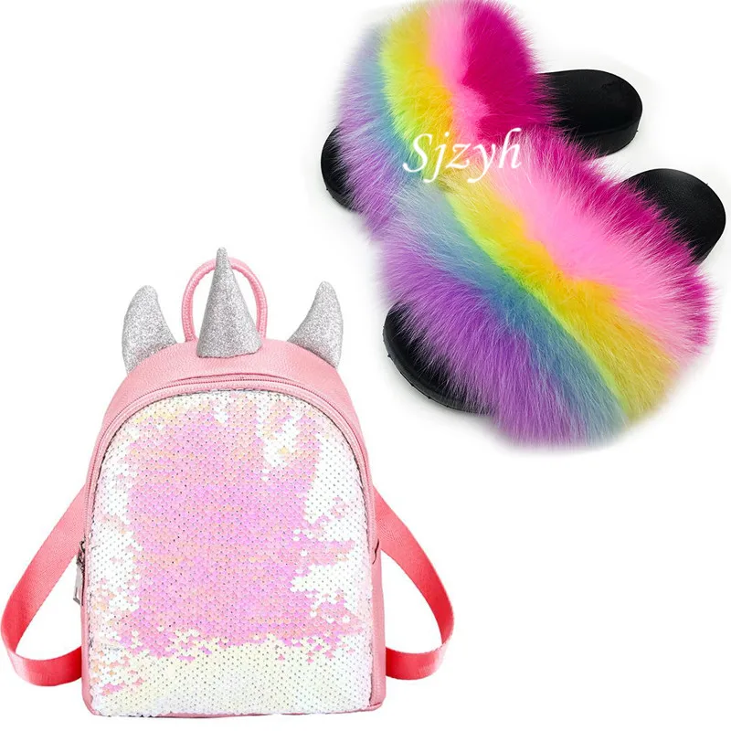 

Школьный ранец для девочек, летние плюшевые тапки с лисьим мехом и мультипликационным принтом в виде единорога, Детский рюкзак, сумка для об...