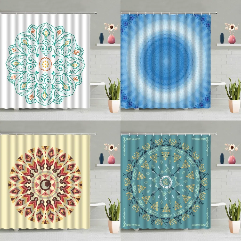 

Набор занавесок для душа в богемном стиле, в индийском этническом стиле, с рисунком мандалы, цветов, геометрическим узором, для ванны, с крюч...