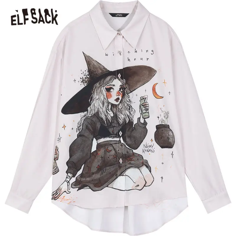 

ELFSACK x NEIMY Harajuku Witch Print Single Breasted Casual Shirt Women,2020 Autumn Vintage Full Sleeve Korean Ladeis Daily Top
