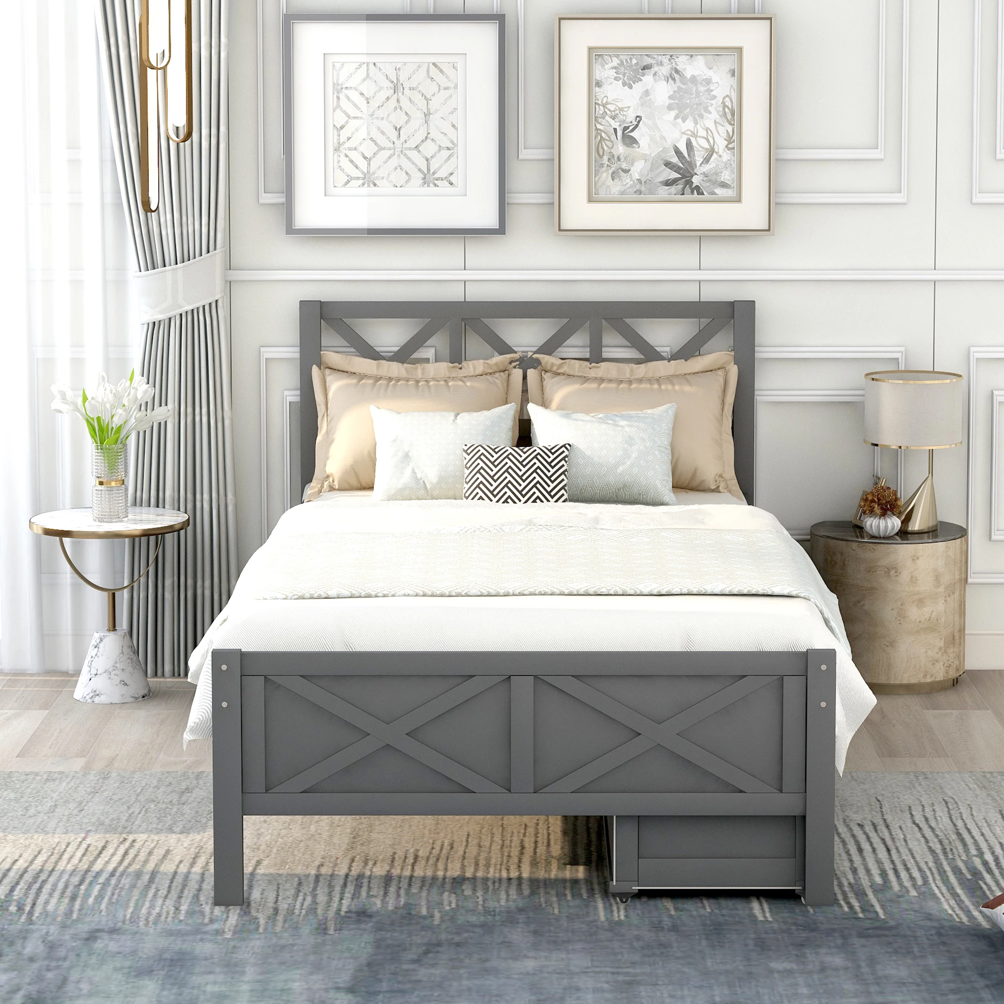 

Twin size platform bed with storage,Single double bed, saving space， gray（New）